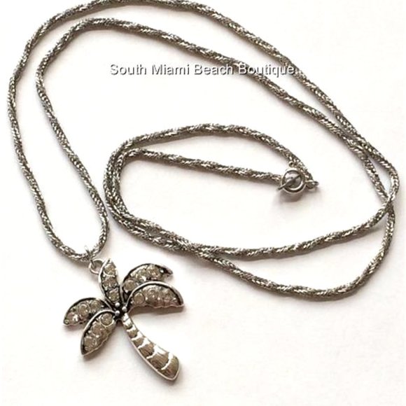 Palm Tree Necklace 24" Crystal Silver Plated BIG Pendant Island Beach Coconut - Picture 4 of 10